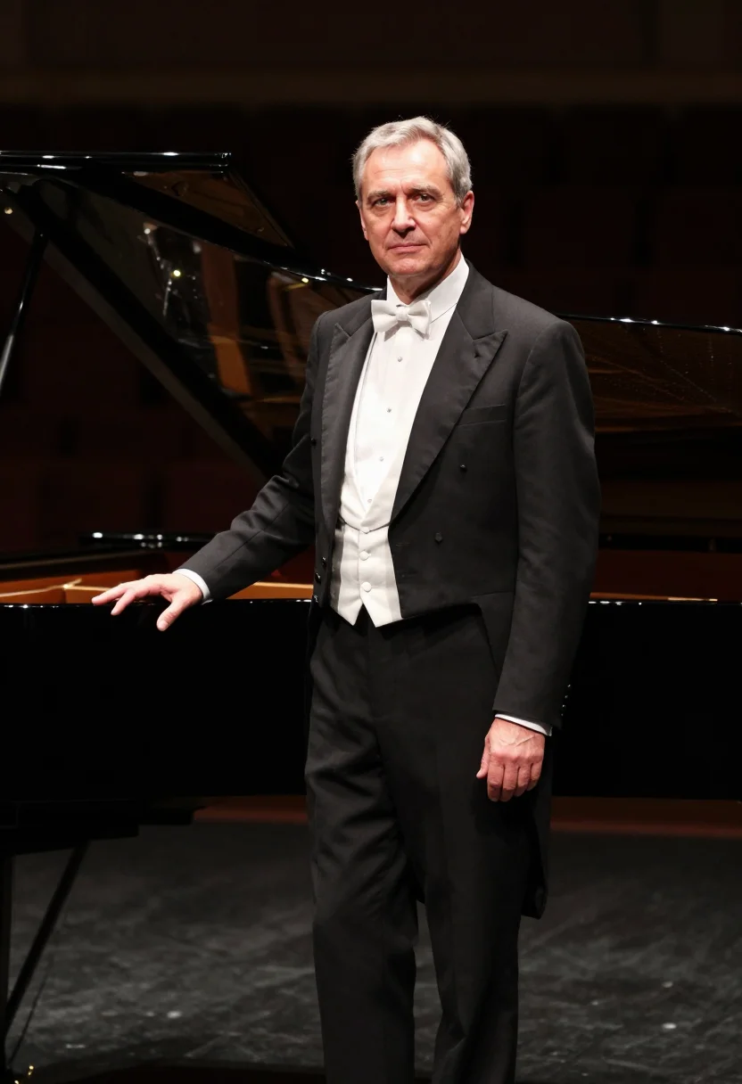 AI concert pianist black tails sample — portrait of a man, framed three-quarter length from the head