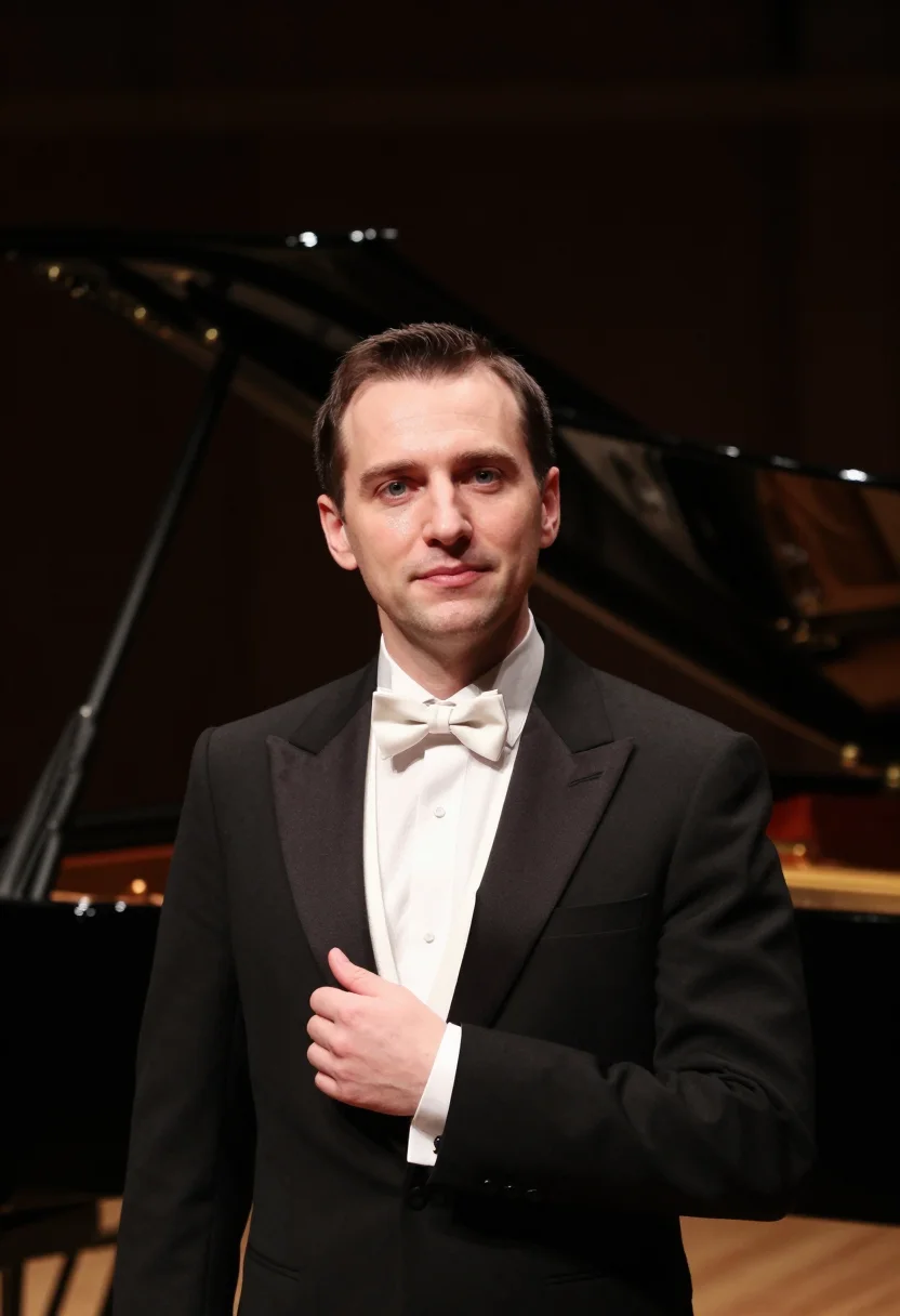 AI concert pianist black tails sample — portrait of a man, framed chest-up, cropped at the ribs, the