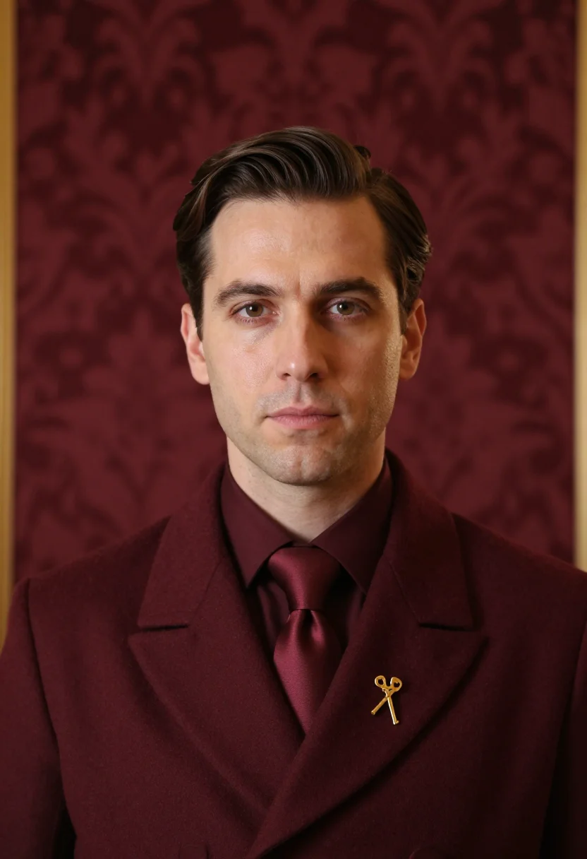AI concierge lobby bordeaux sample — portrait of a man, framed tight on the head and the collar,