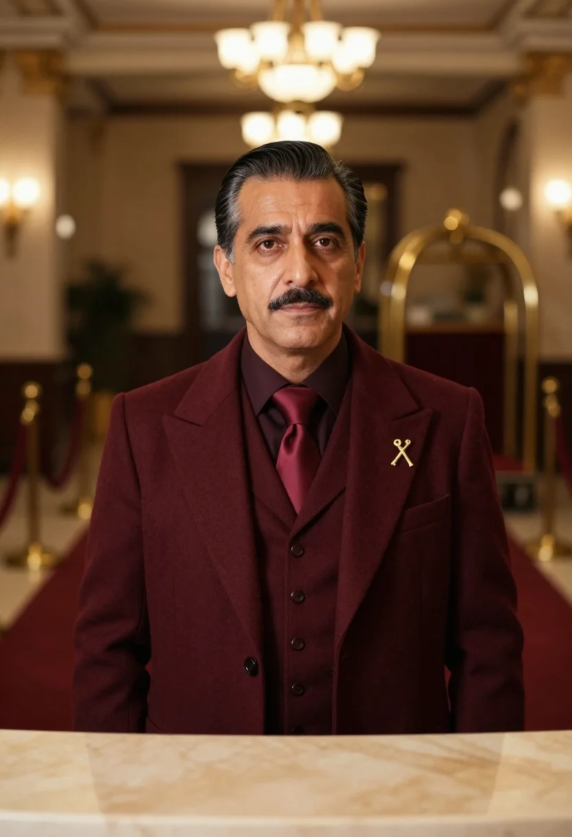 AI concierge lobby bordeaux sample — portrait of a man, framed head and shoulders, tighter, the b