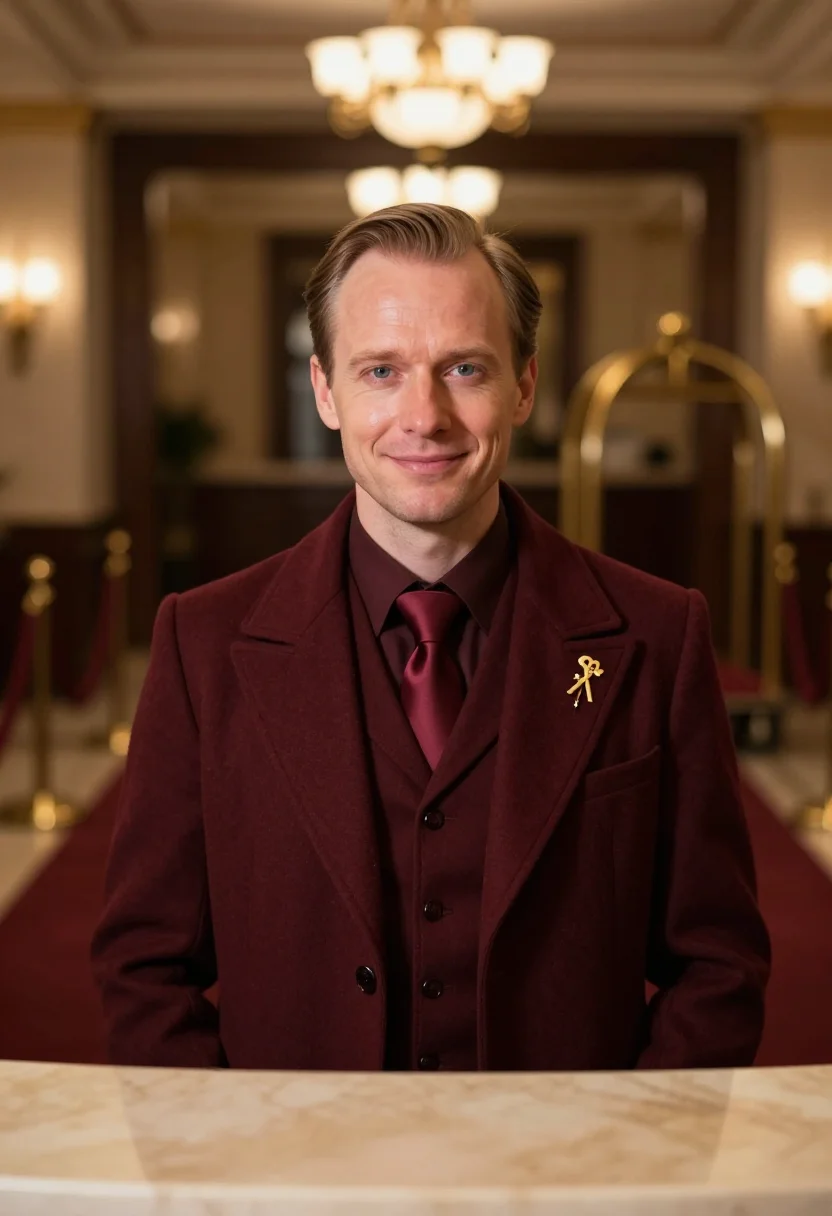 AI concierge lobby bordeaux sample — portrait of a man, framed tight on the head and the collar,