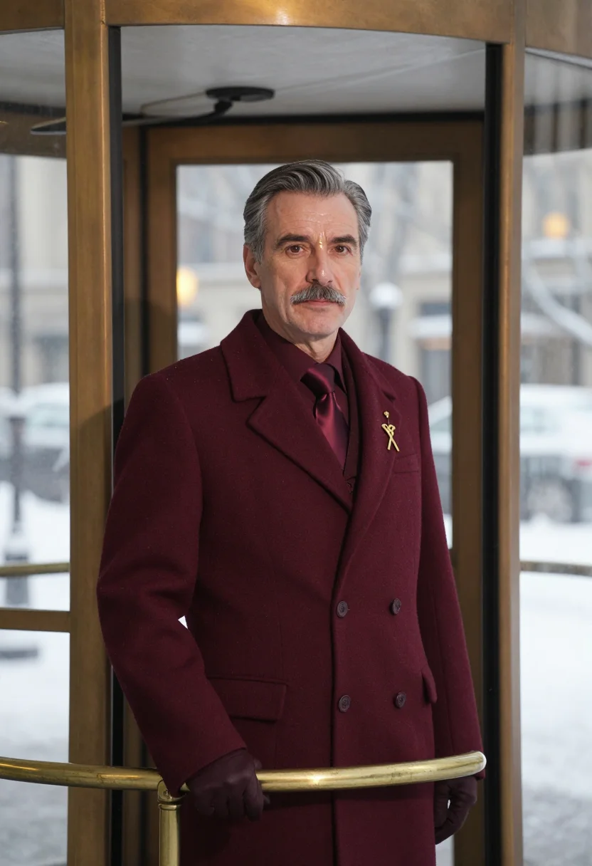 AI concierge lobby bordeaux sample — portrait of a man, framed chest-up from the ribs with the bo
