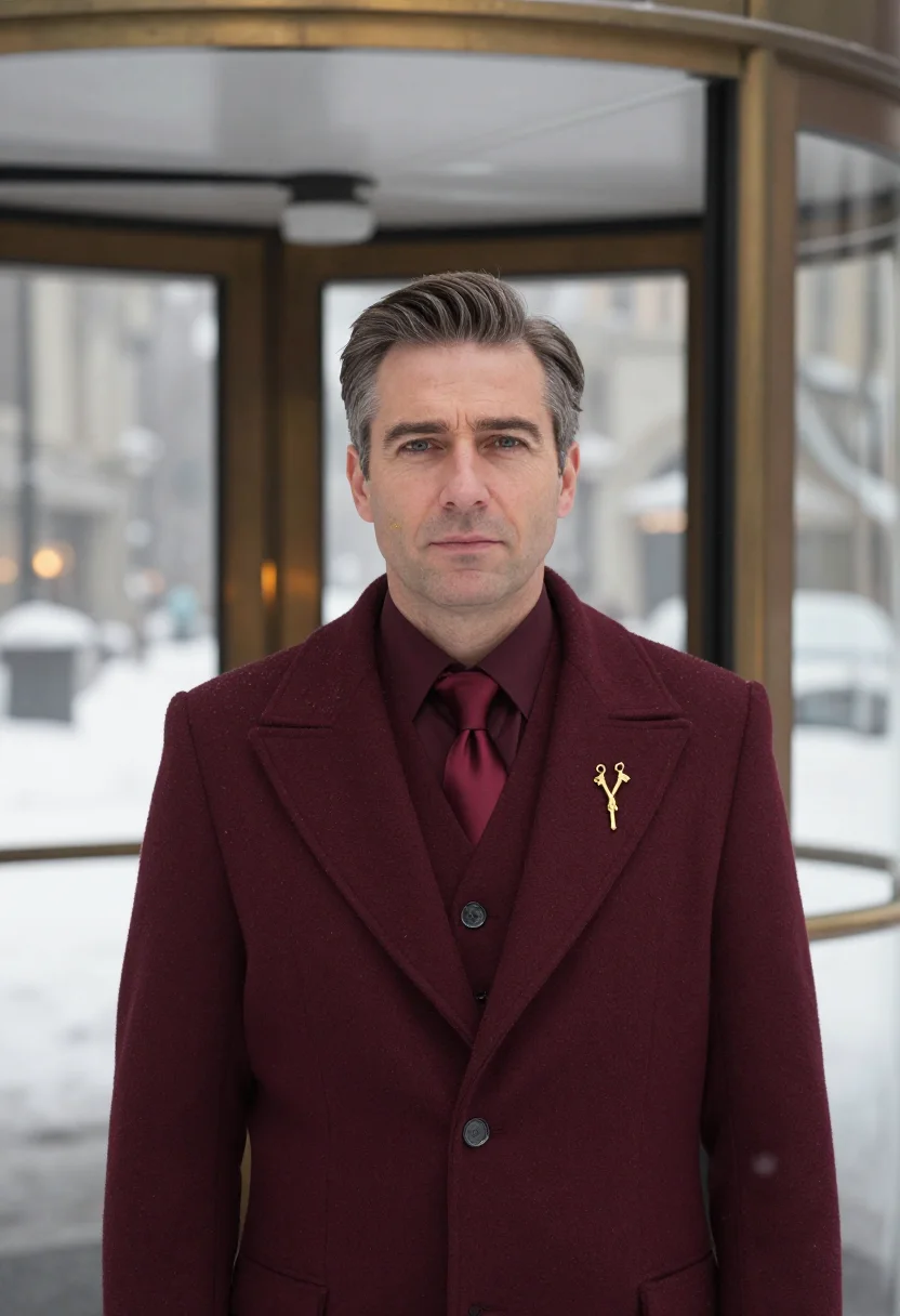 AI concierge lobby bordeaux sample — portrait of a man, framed tight on the head and the collar,