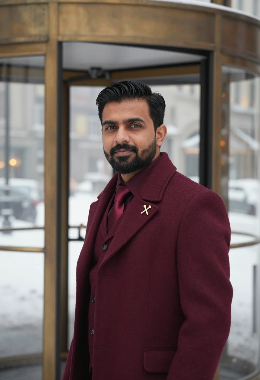 AI concierge lobby bordeaux sample — portrait of a man, framed head and shoulders, tighter, the b