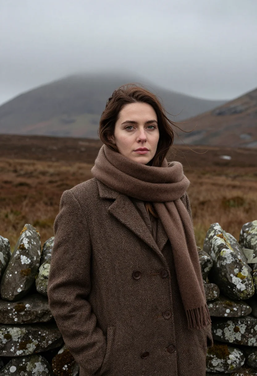 AI connemara november bog brown sample — portrait of a woman, framed tight, head and shoulders, the b
