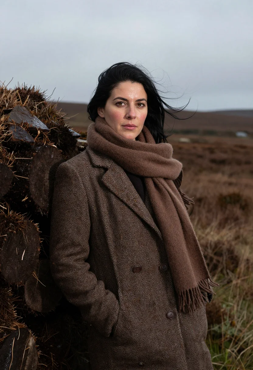 AI connemara november bog brown sample — portrait of a woman, framed half-length from the head to the
