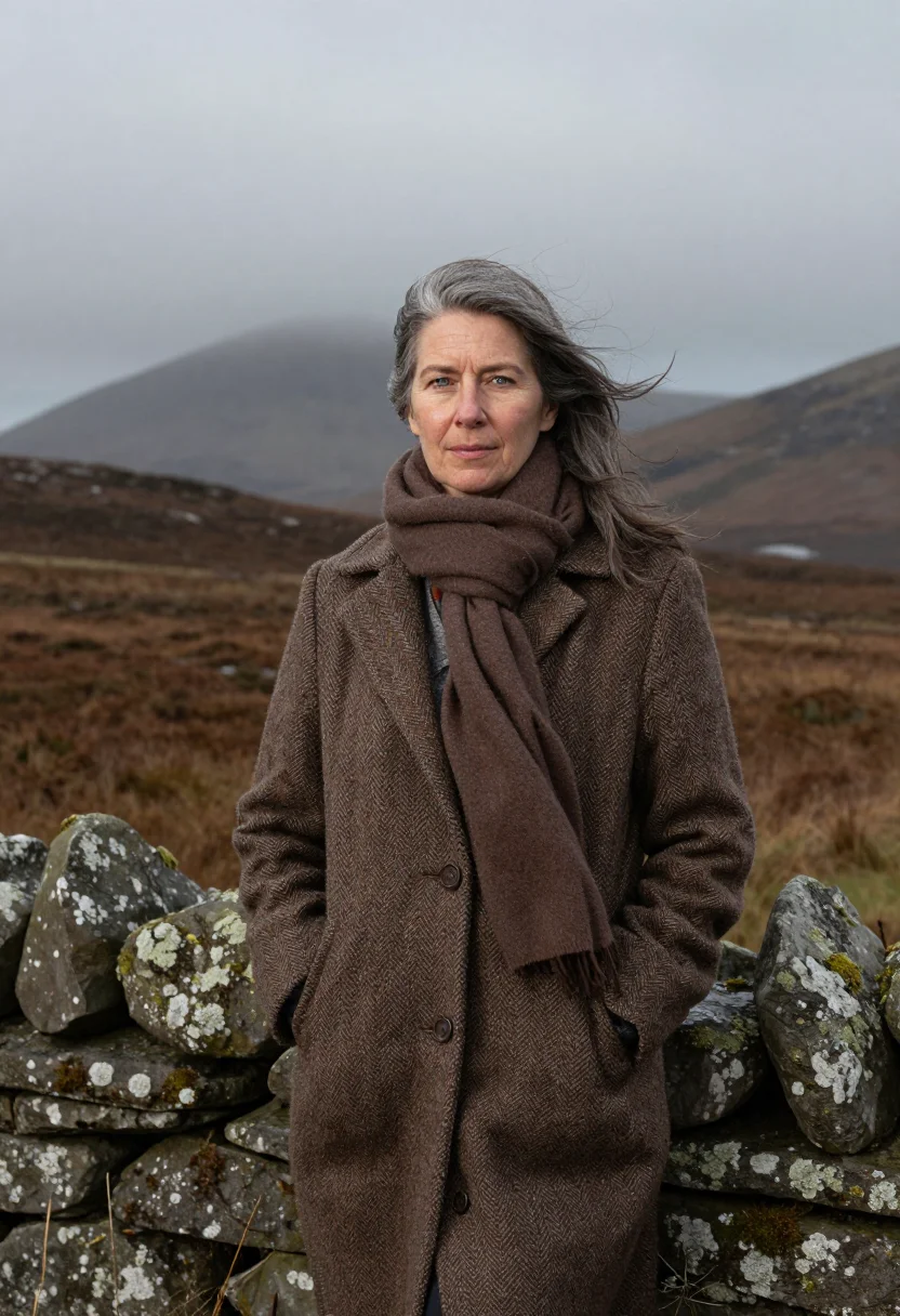 AI connemara november bog brown sample — portrait of a woman, framed half-length from the head to the