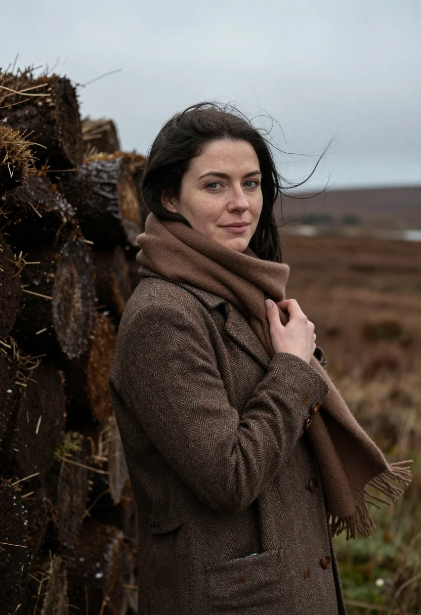 AI connemara november bog brown sample — portrait of a woman, framed chest-up, cropped at the ribs, t