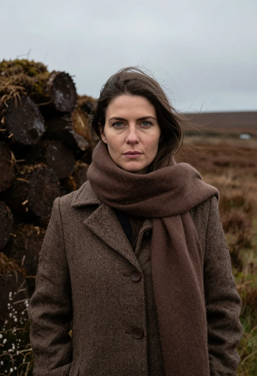 AI connemara november bog brown sample — portrait of a woman, framed tight, head and shoulders, the b
