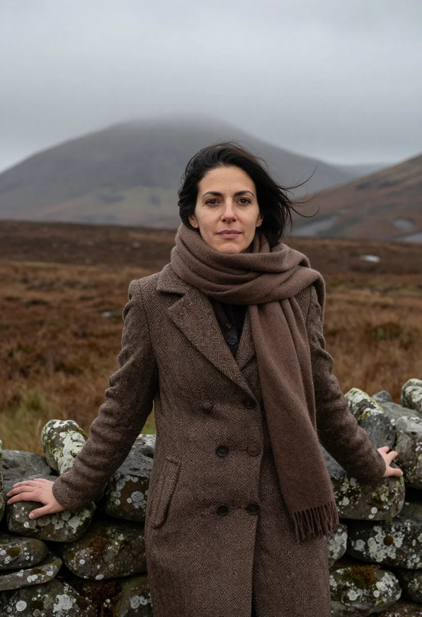 AI connemara november bog brown sample — portrait of a woman, framed chest-up, cropped at the ribs, t