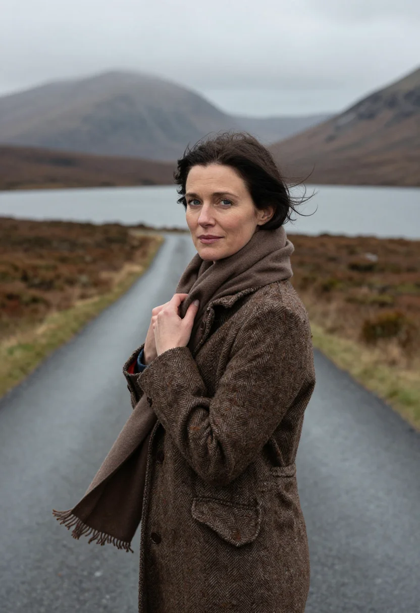 AI connemara november bog brown sample — portrait of a woman, framed chest-up, cropped at the ribs, t