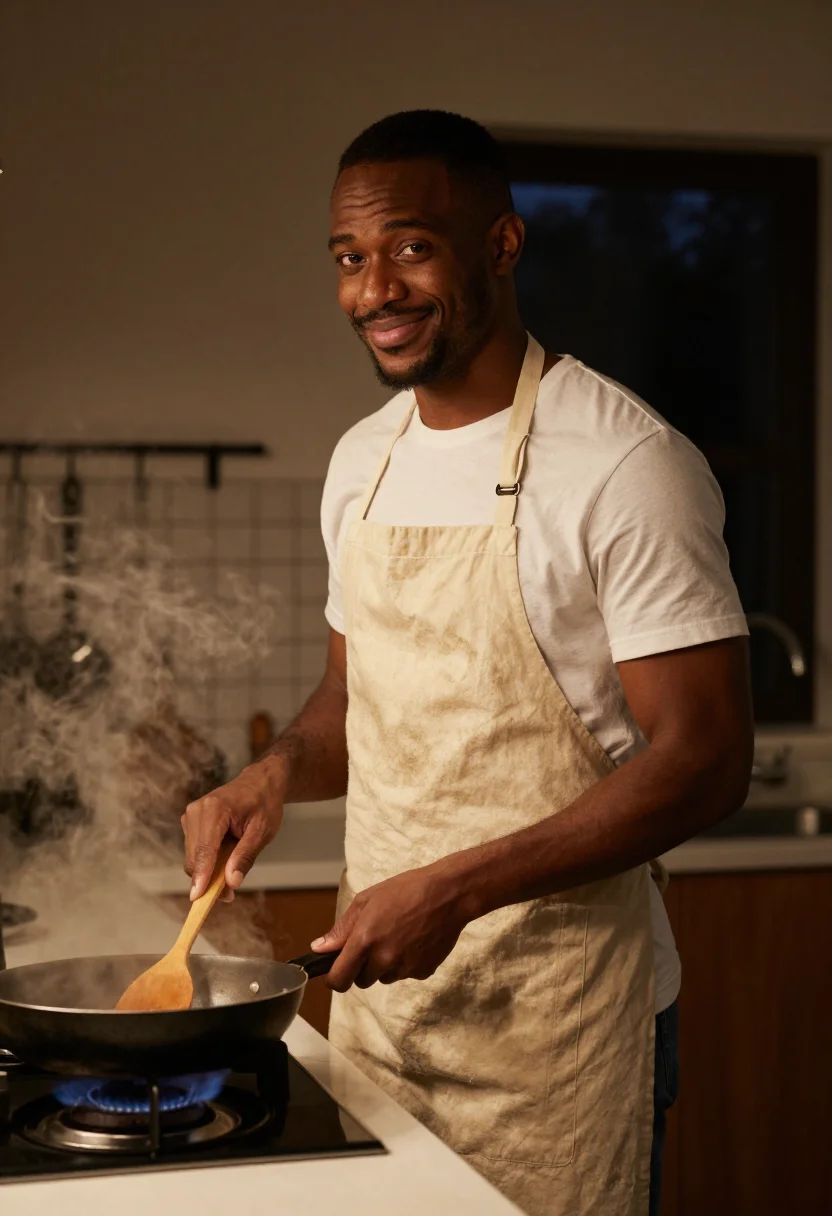 AI cooking dinner sample — portrait of a man, waist-up three-quarter portrait of a Blac