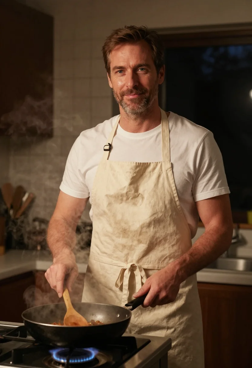 AI cooking dinner sample — portrait of a man, chest-up portrait of a Western-European m