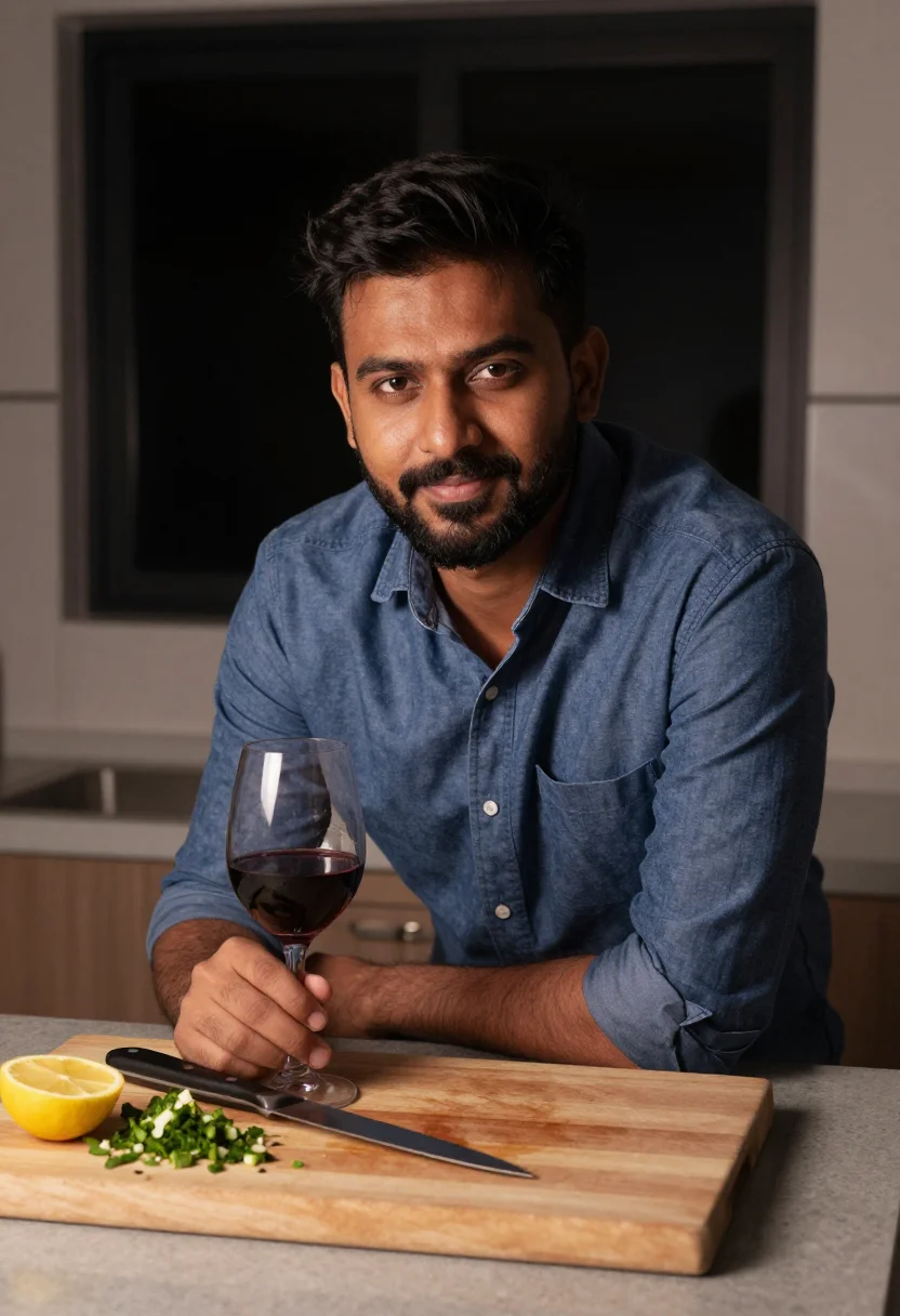 AI cooking dinner sample — portrait of a man, chest-up portrait of a South-Asian man in