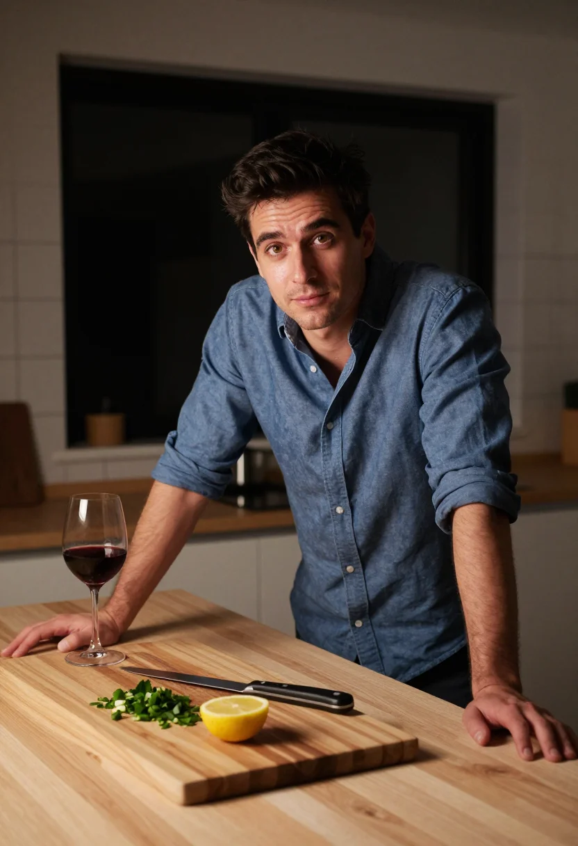 AI cooking dinner sample — portrait of a man, waist-up three-quarter portrait of a West