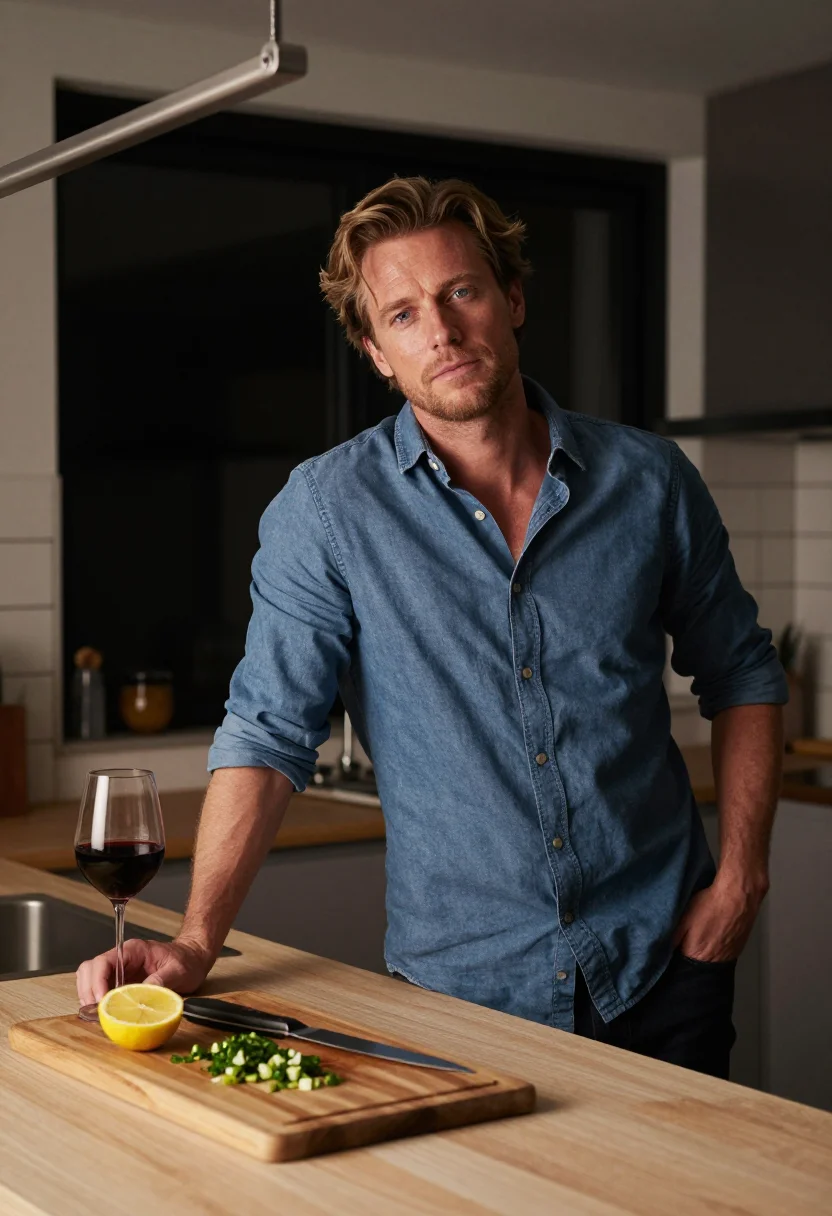 AI cooking dinner sample — portrait of a man, hip-up portrait of a Western-European man