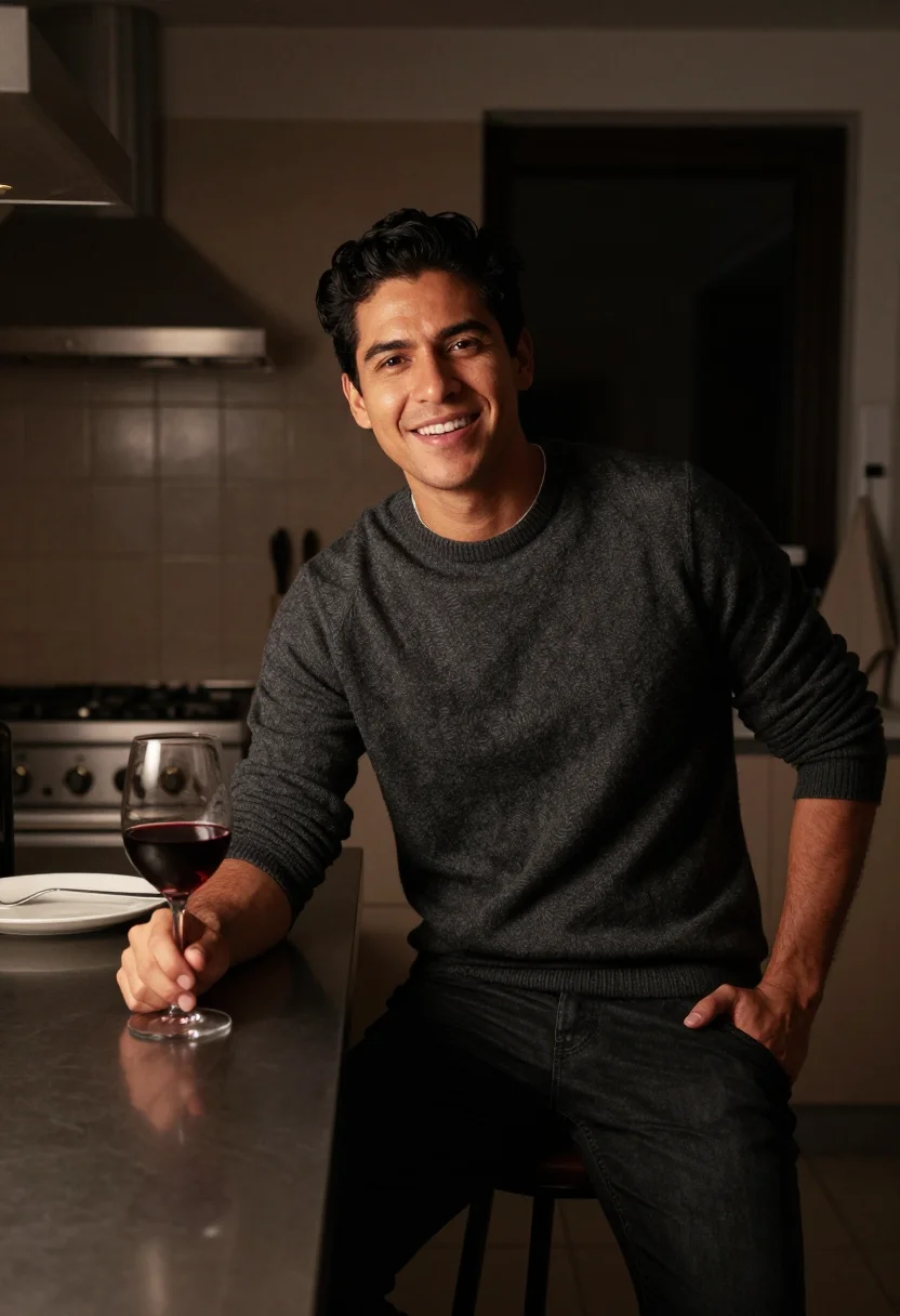 AI cooking dinner sample — portrait of a man, hip-up seated portrait of a Latin-America