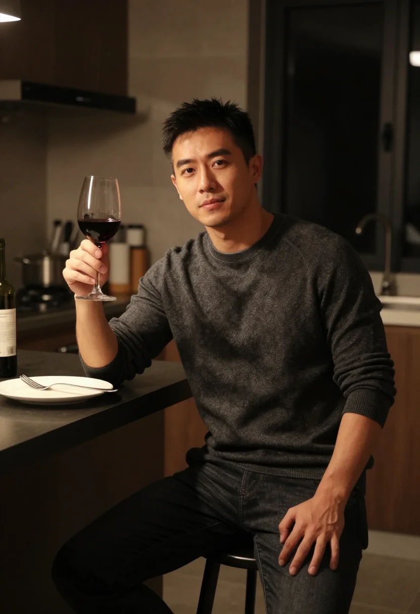 AI cooking dinner sample — portrait of a man, thigh-up seated portrait of an East-Asian