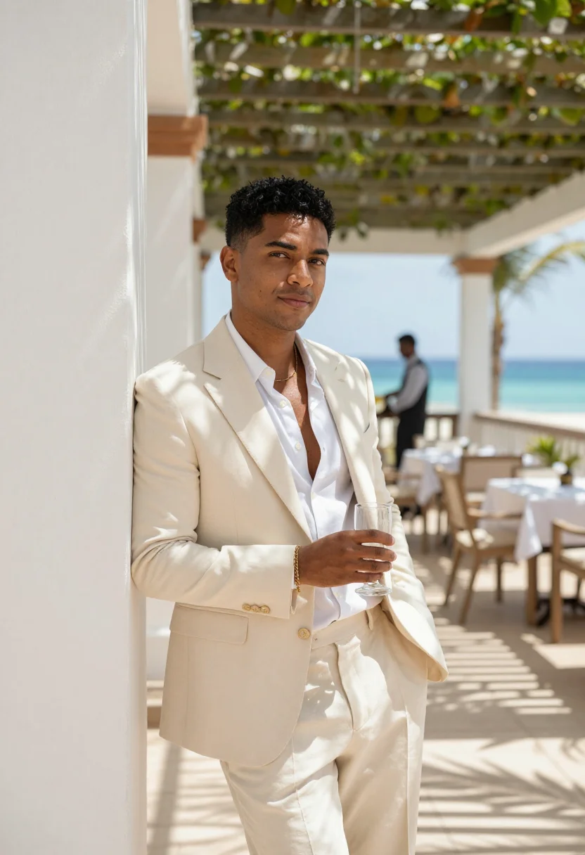 AI copacabana palace sample — portrait of a man, around thirty, with warm brown skin, dark
