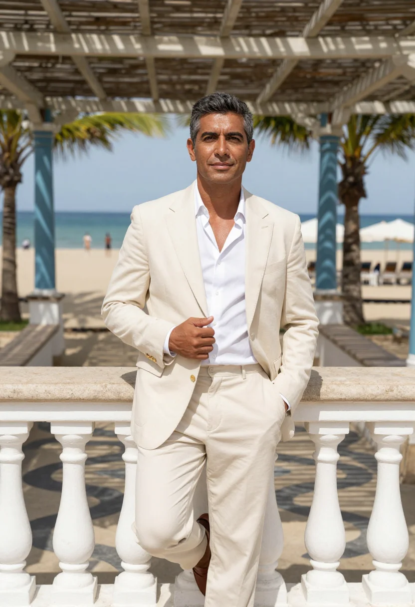 AI copacabana palace sample — portrait of a man, in his mid-forties, with honey-toned skin