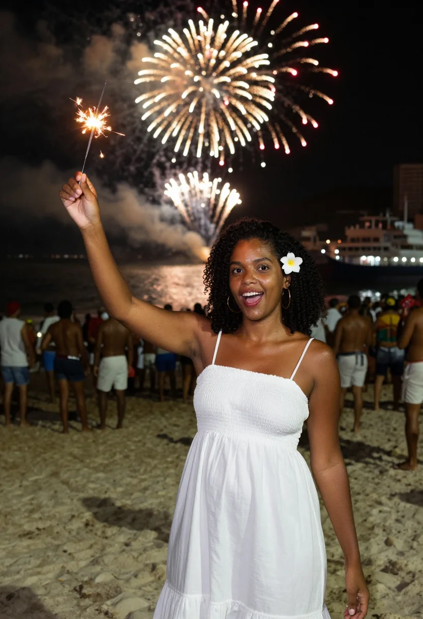 AI copacabana reveillon sample — portrait of a woman, around thirty, with deep brown skin, da