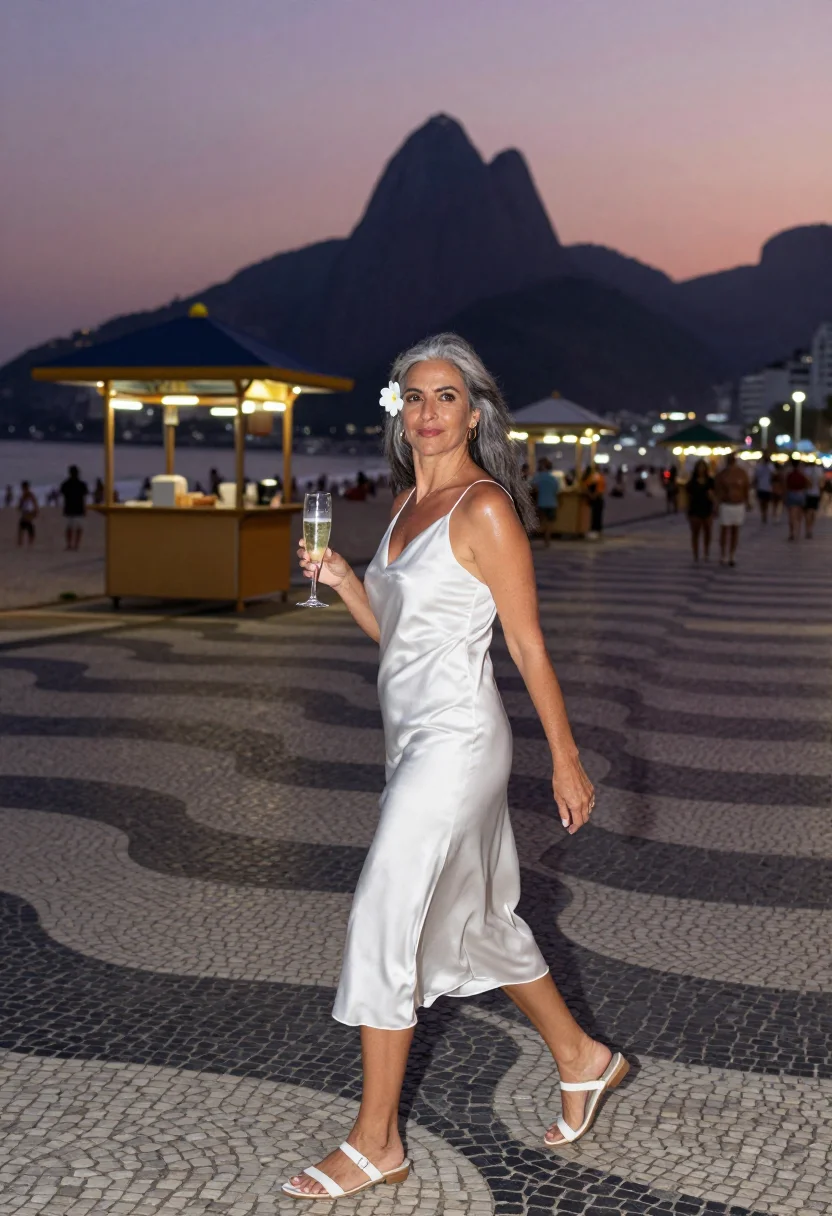AI copacabana reveillon sample — portrait of a woman, around forty, with olive skin, dark eye