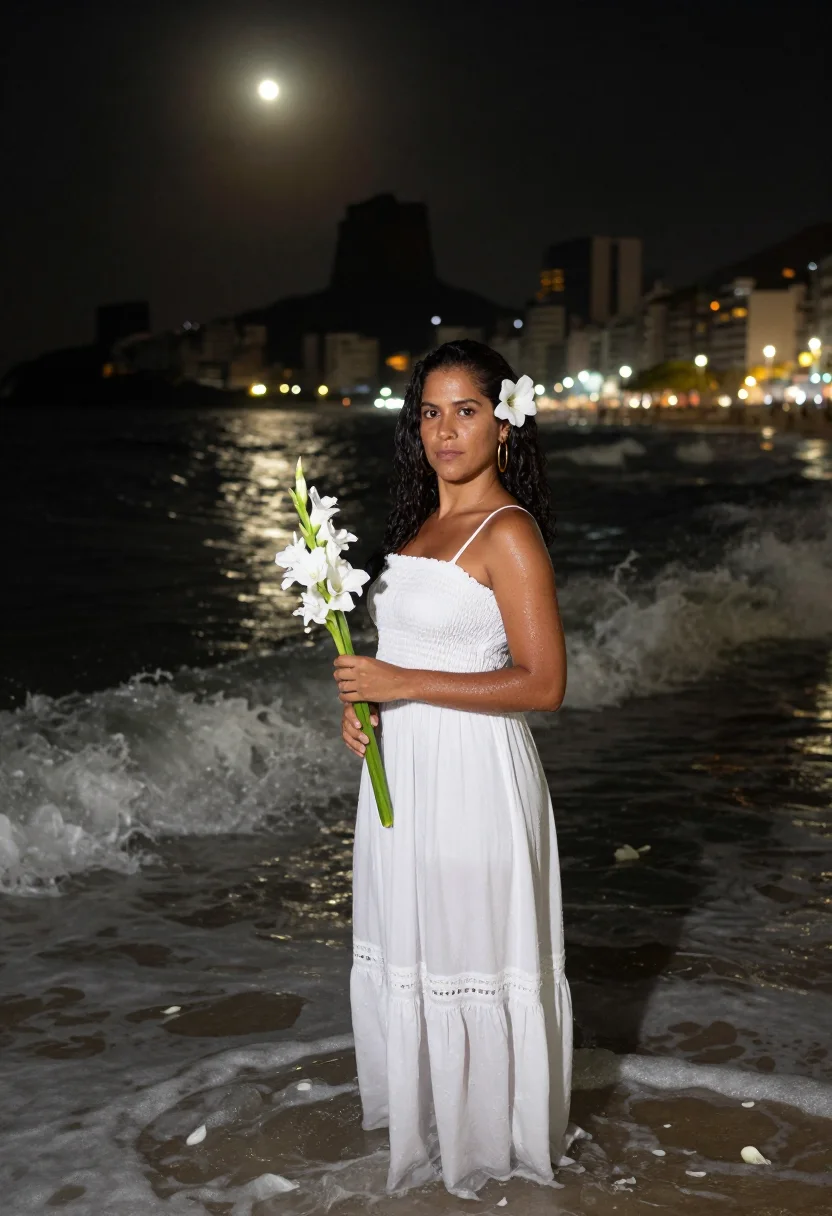 AI copacabana reveillon sample — portrait of a woman, in her thirties, with honey-toned skin,