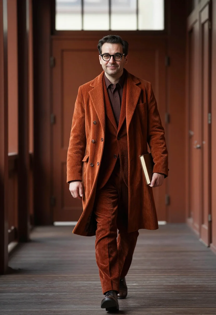 AI corduroy rust sample — portrait of a man, walking three-quarter portrait of a Weste