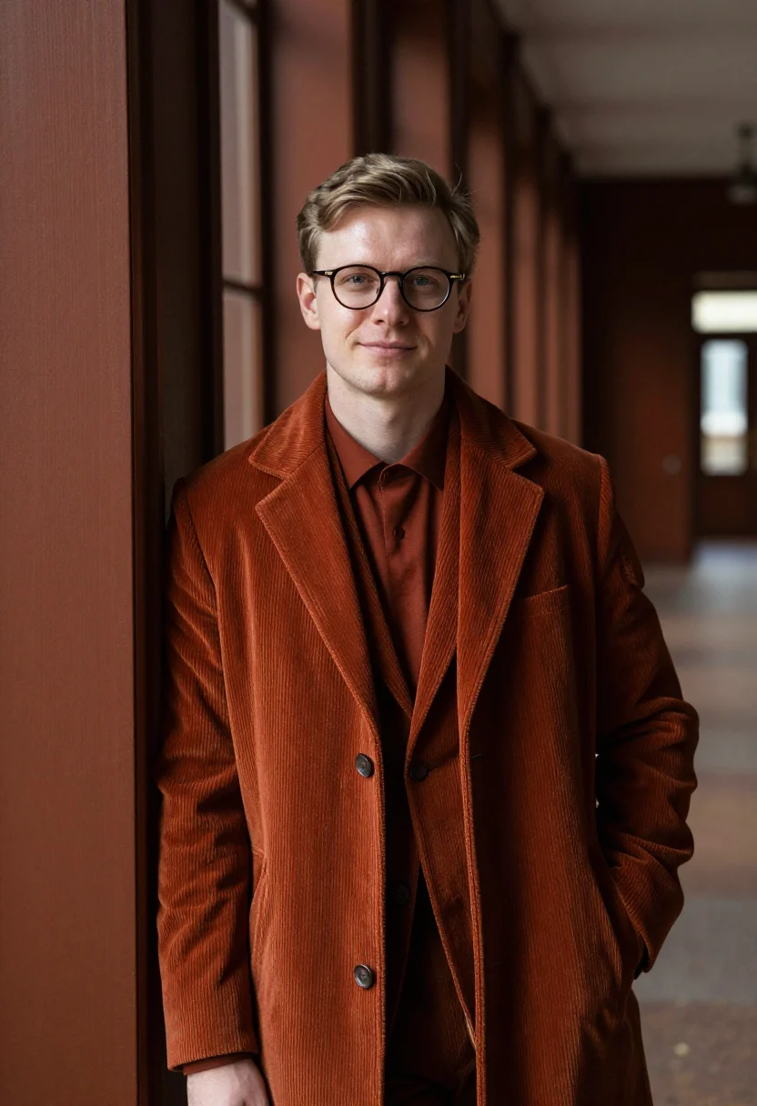 AI corduroy rust sample — portrait of a man, waist-up portrait of a Northern-European