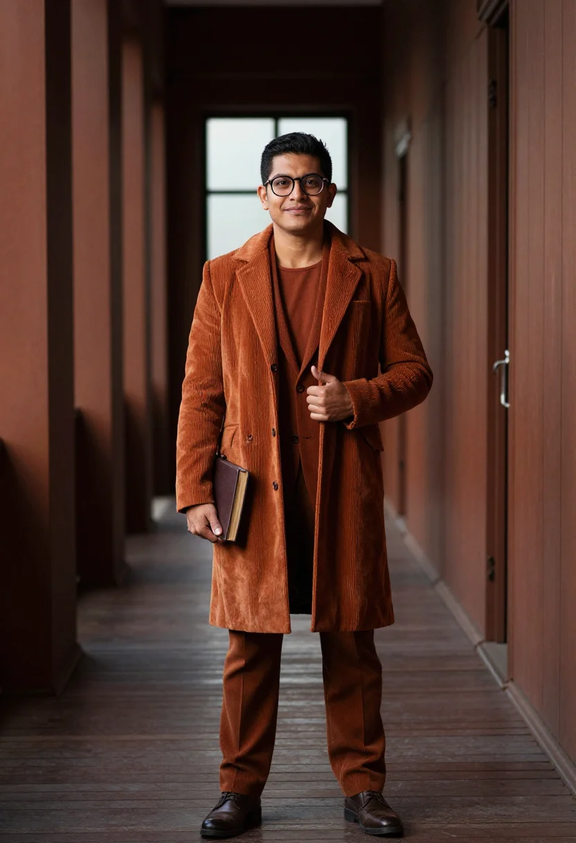 AI corduroy rust sample — portrait of a man, full-length corridor portrait of a Latin-