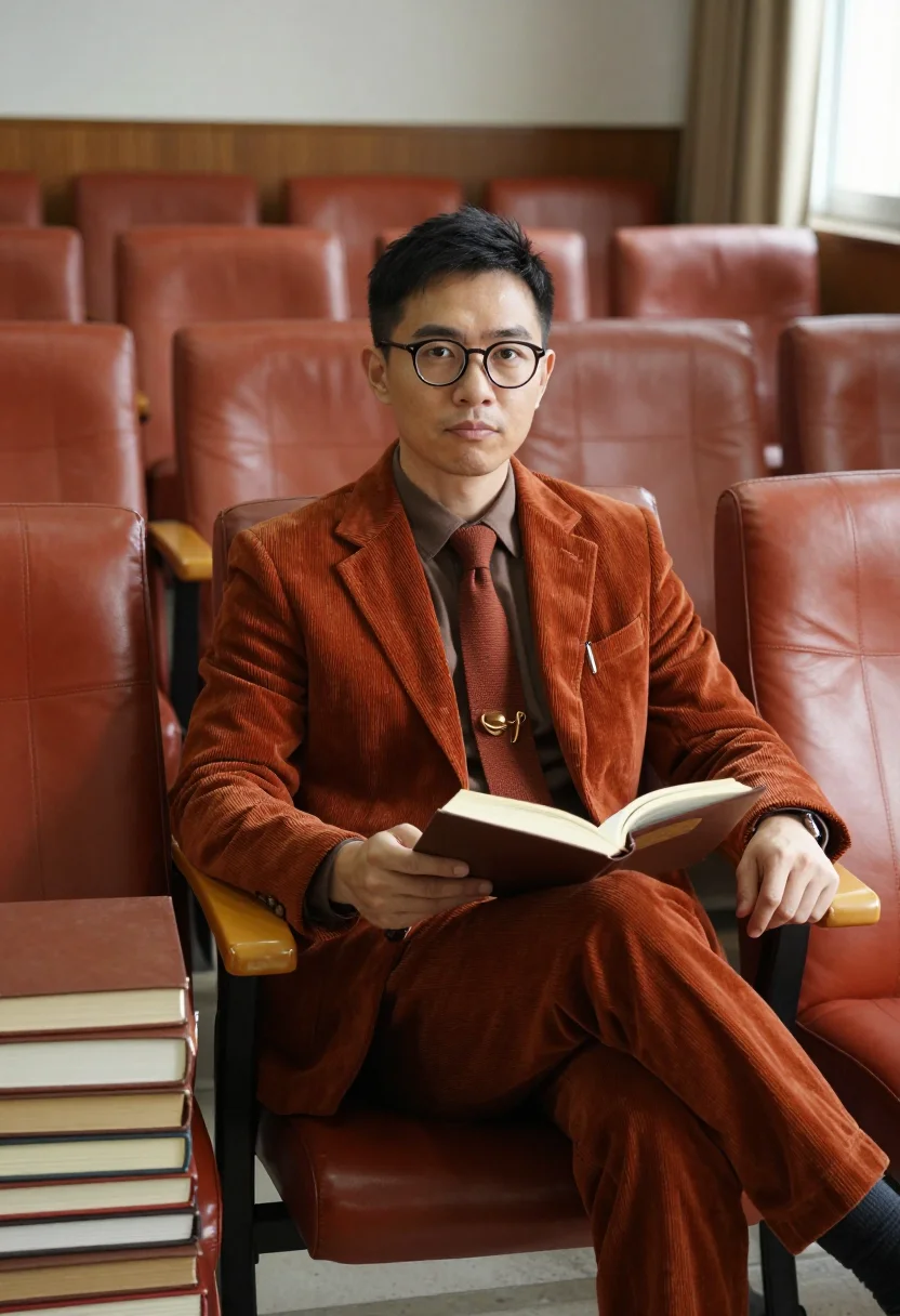 AI corduroy rust sample — portrait of a man, seated three-quarter portrait of an East-
