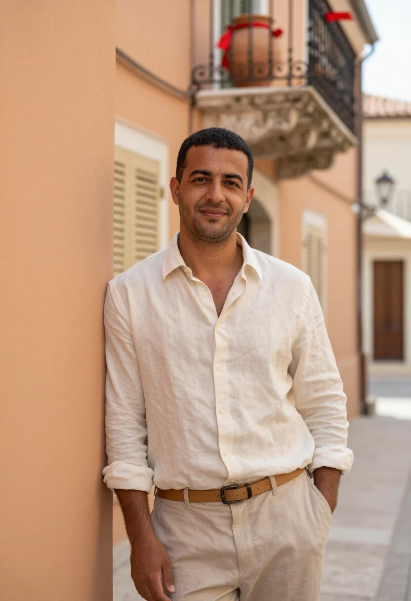 AI corfu easter botides red sample — portrait of a man, framed half-length from the head to the h