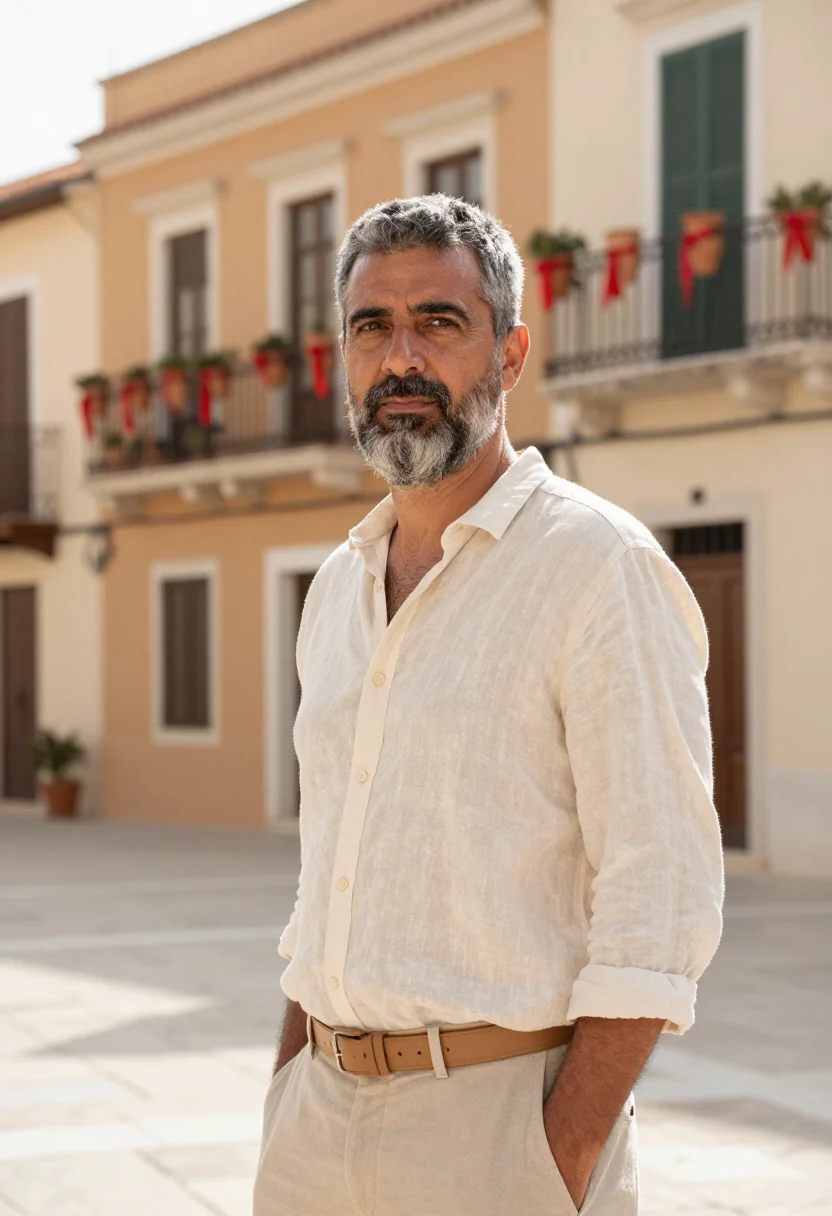 AI corfu easter botides red sample — portrait of a man, framed chest-up, the camera at eye height