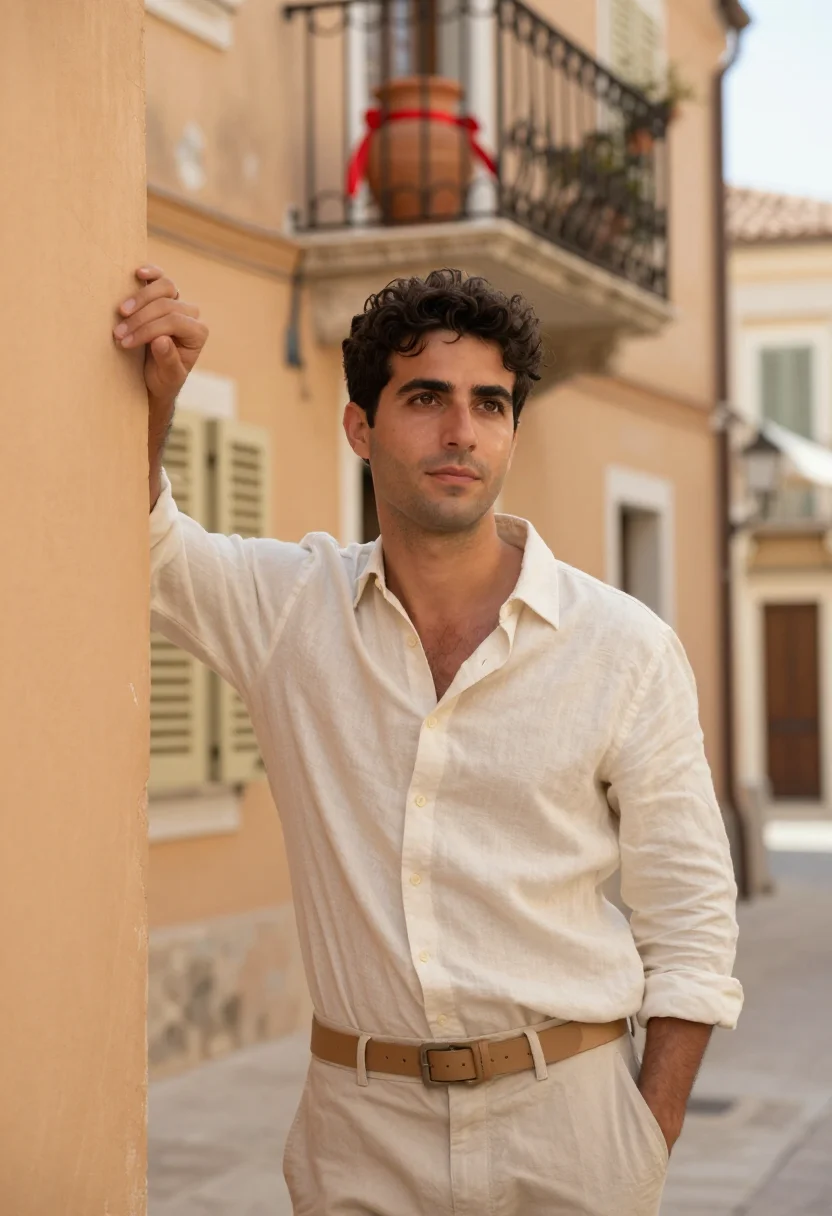 AI corfu easter botides red sample — portrait of a man, framed chest-up, the camera at eye height