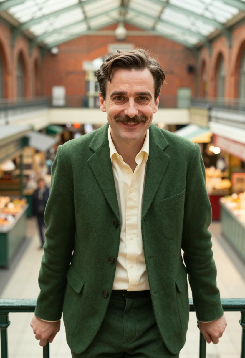 AI cork english market restaurateur palette sample — portrait of a restaurateur, a man of French descent in his m