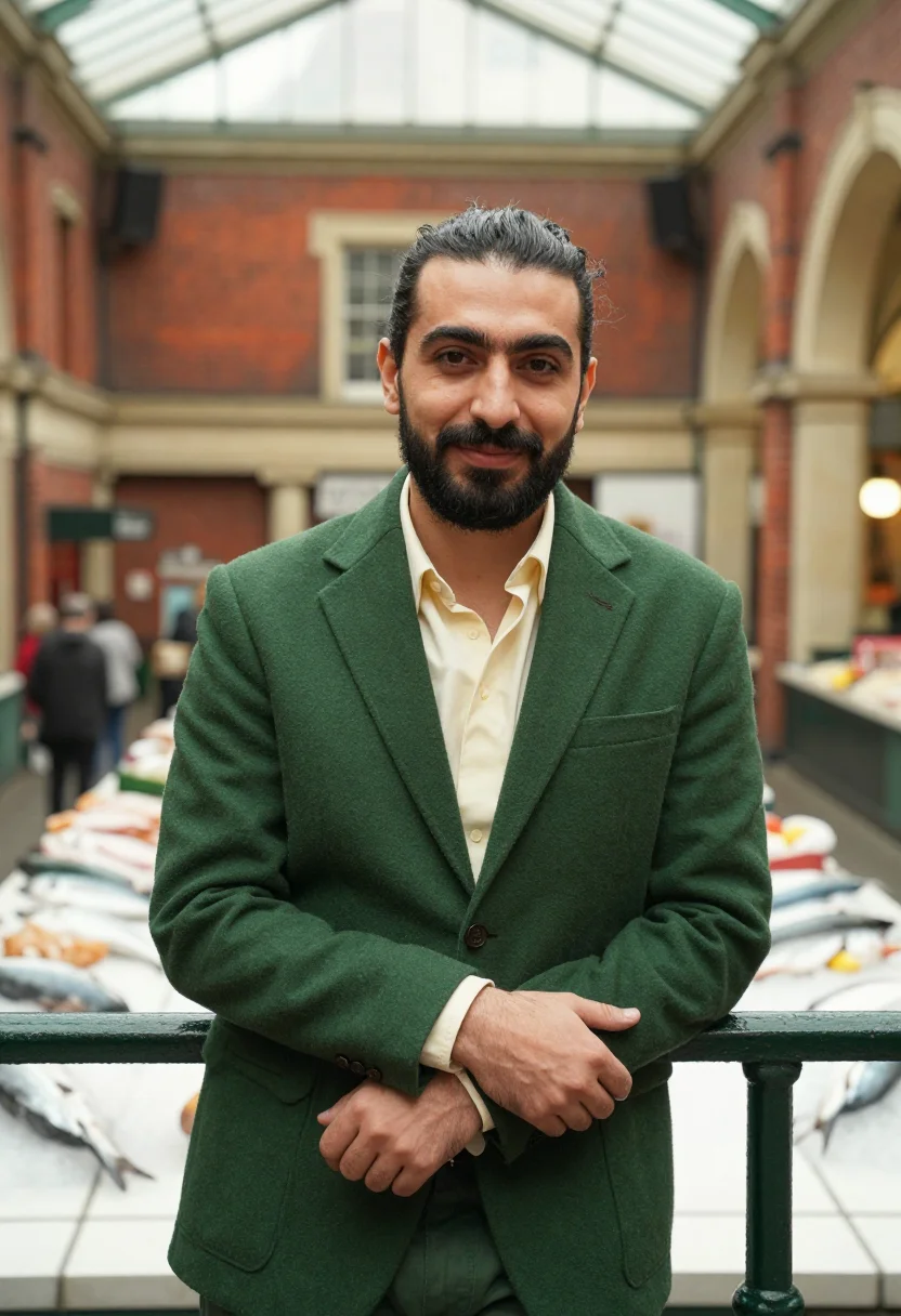 AI cork english market restaurateur palette sample — portrait of a restaurateur, a man of Turkish descent in his