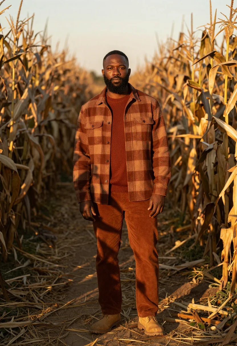 AI corn maze flannel rust sample — portrait of a man, chest-up portrait of an African-American