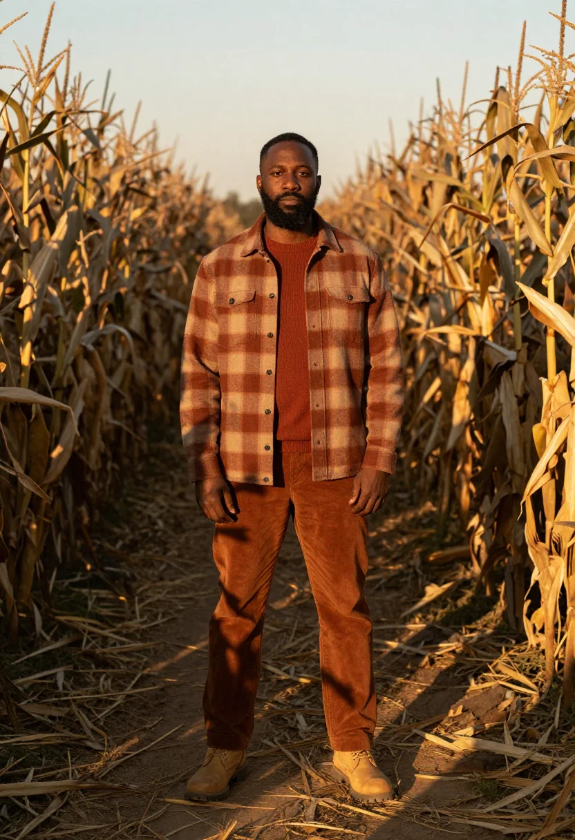 AI corn maze flannel rust sample — portrait of a man, full-length portrait of an African-Americ