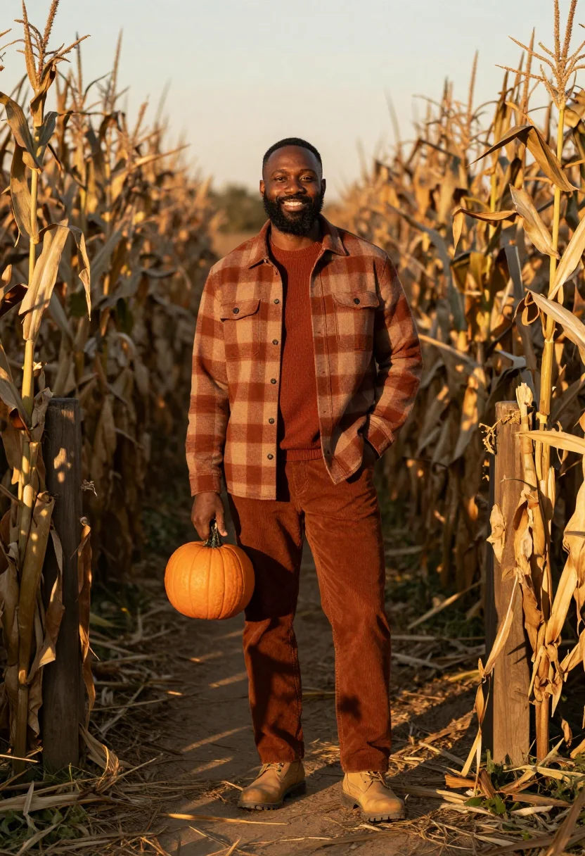 AI corn maze flannel rust sample — portrait of a man, three-quarter-length portrait of an Afric