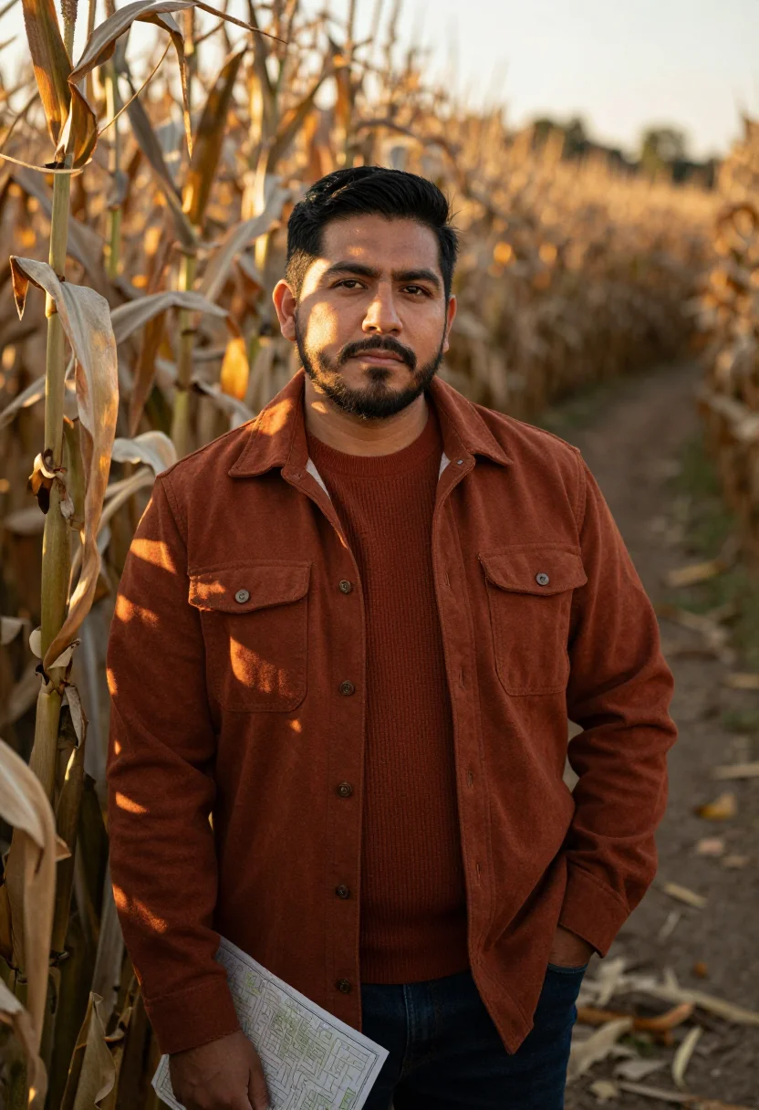 AI corn maze flannel rust sample — portrait of a man, half-length portrait of a Mexican-America