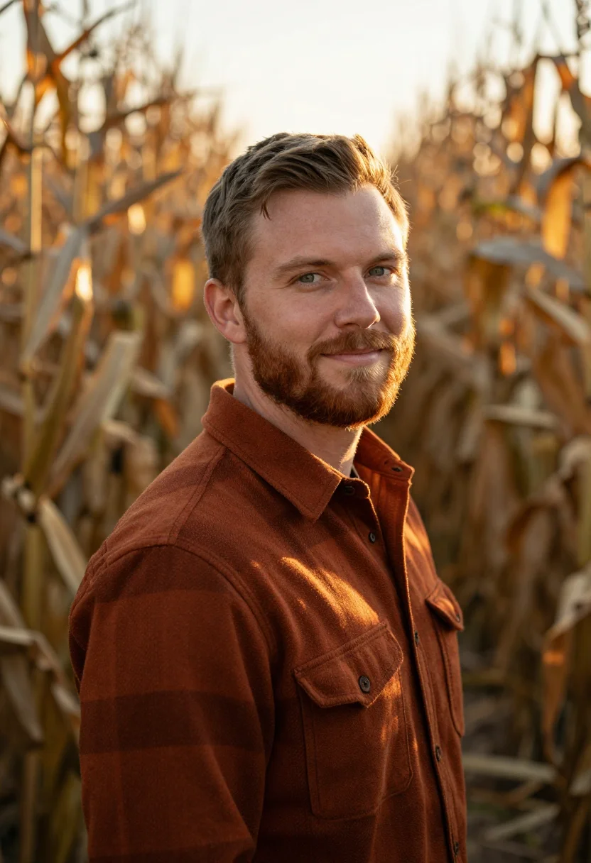 AI corn maze flannel rust sample — portrait of a man, head-and-shoulders portrait of an America