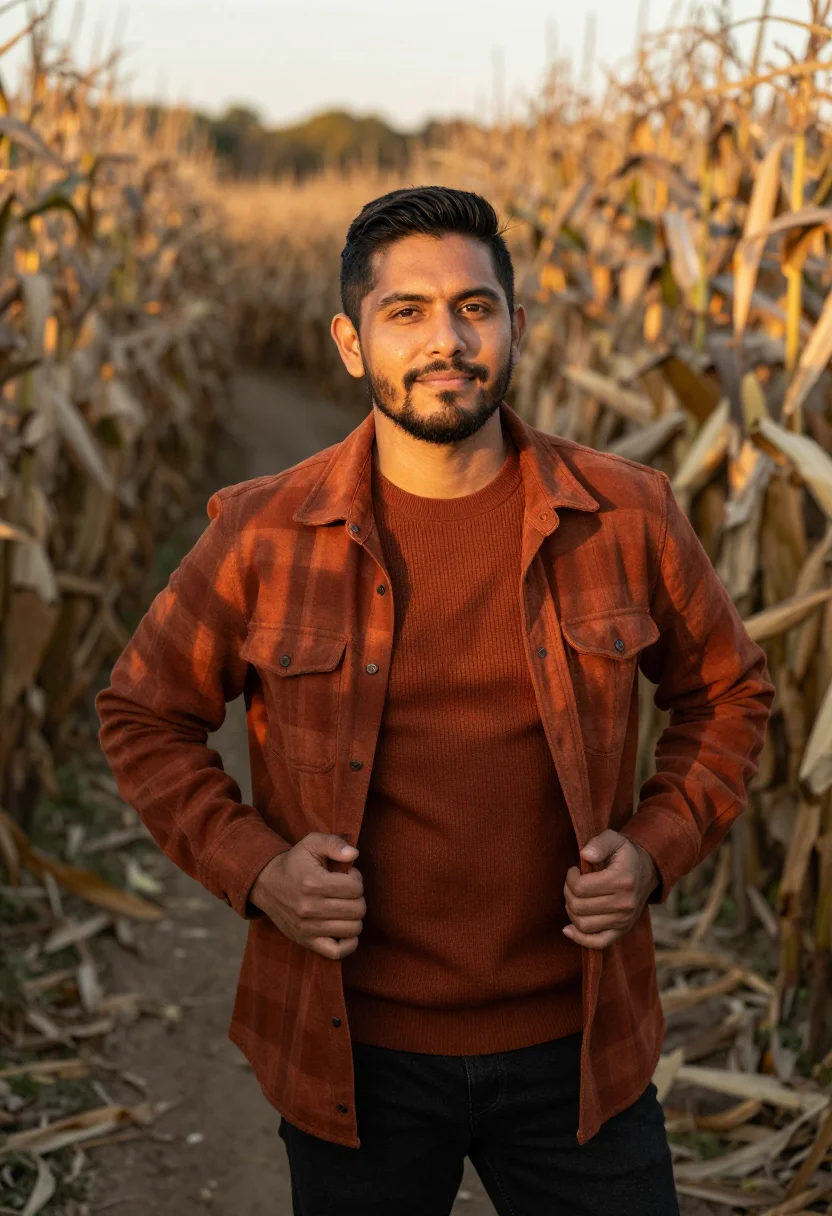 AI corn maze flannel rust sample — portrait of a man, three-quarter-length portrait of a Mexica