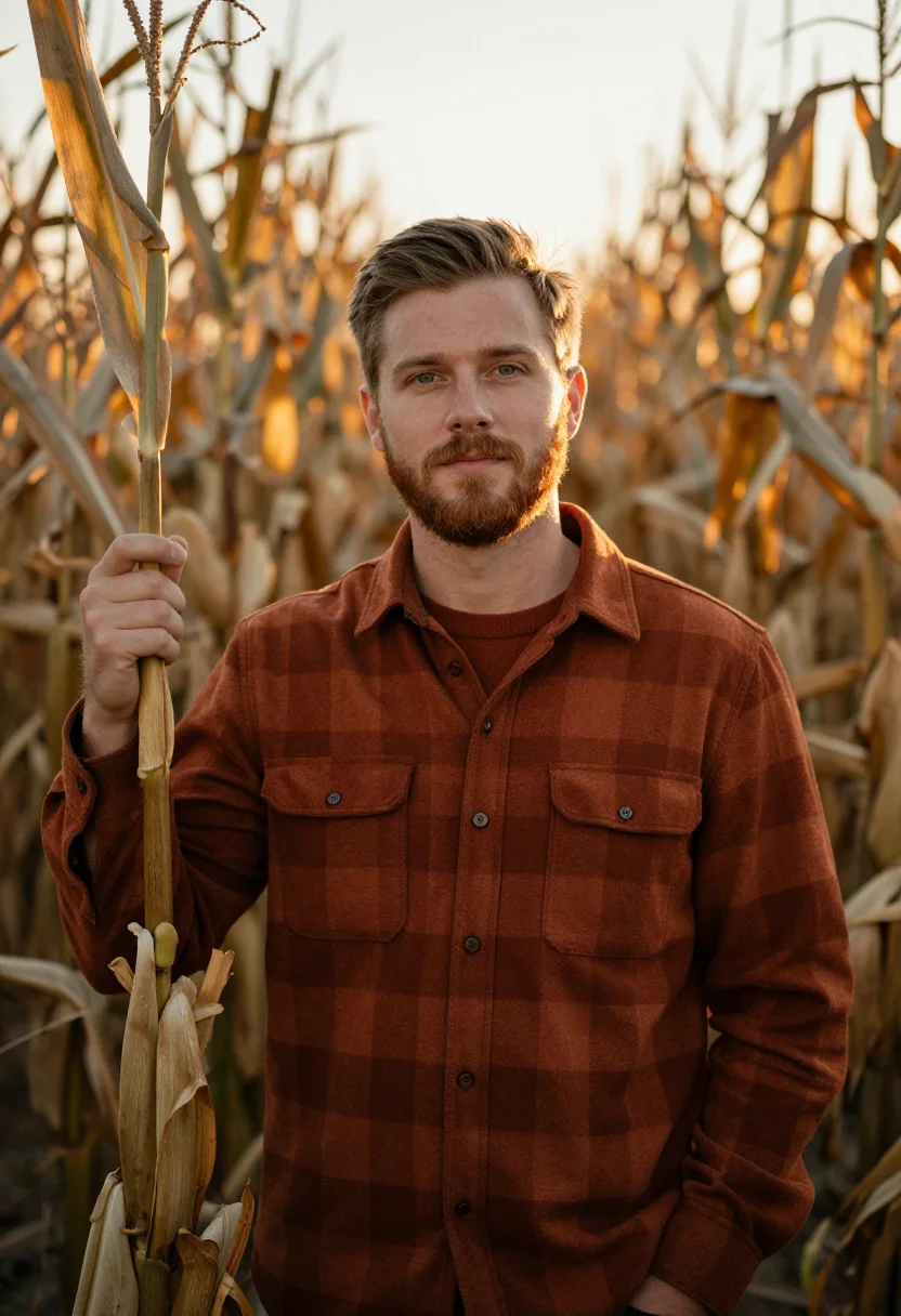 AI corn maze flannel rust sample — portrait of a man, chest-up portrait of an American man in h