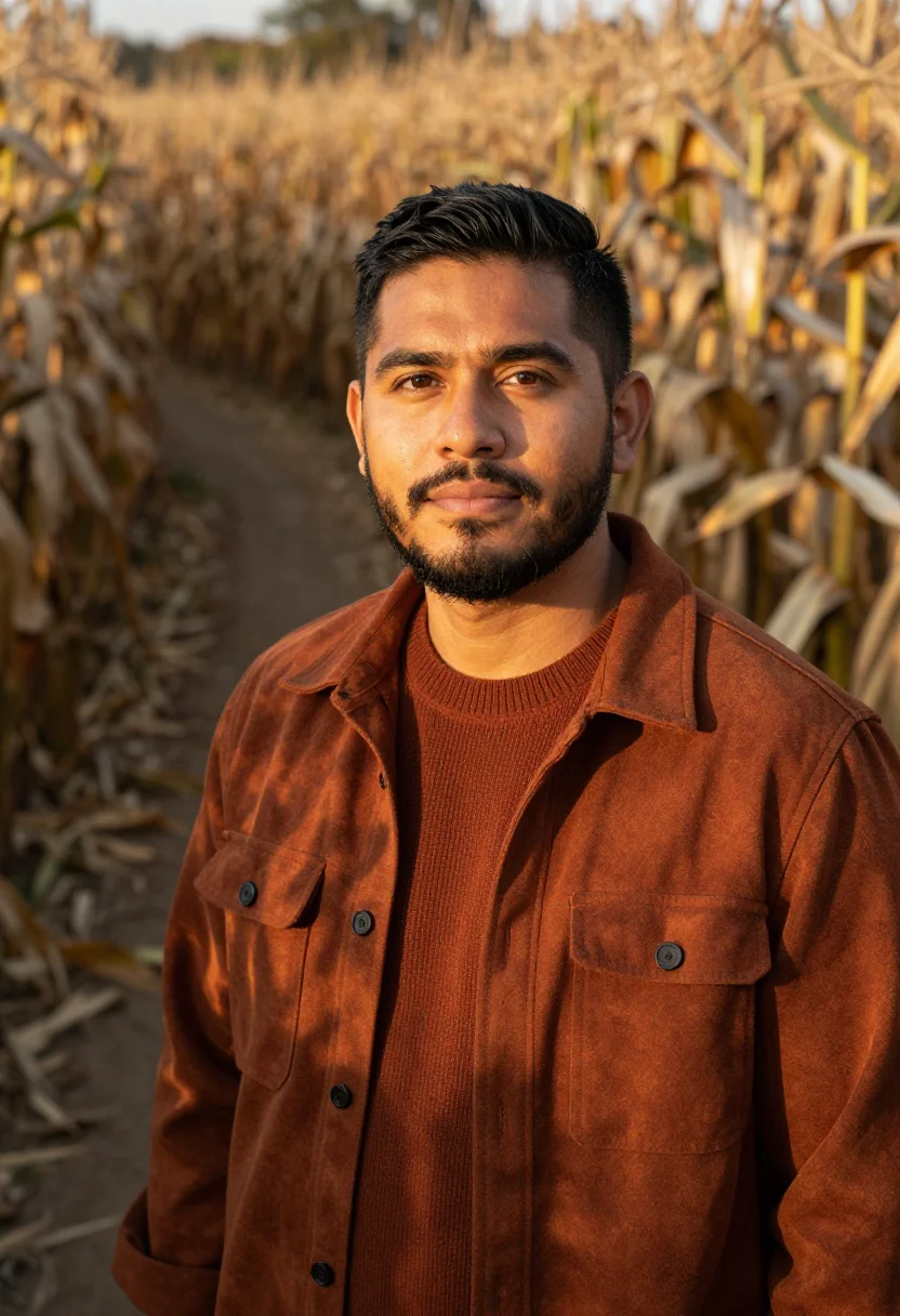 AI corn maze flannel rust sample — portrait of a man, chest-up portrait of a Mexican-American m