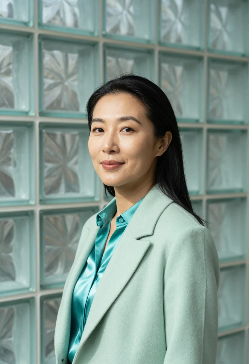 AI corning glass scientist aqua sample — portrait of a woman, chest-up portrait of an East-Asian woma