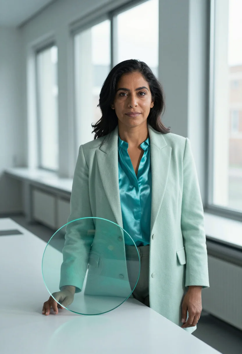 AI corning glass scientist aqua sample — portrait of a woman, half-length portrait of a Latina woman