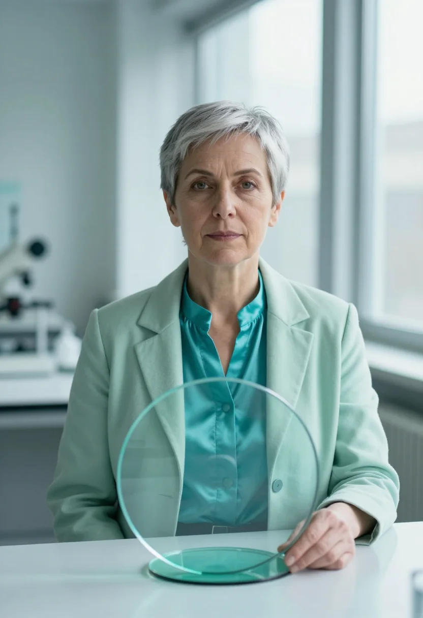 AI corning glass scientist aqua sample — portrait of a woman, chest-up portrait of a Western-European