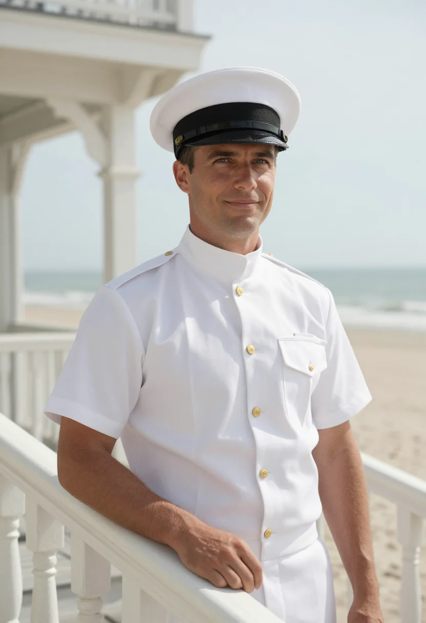 AI coronado naval officer dress whites sample — portrait of a man, of Western-European descent, in his early