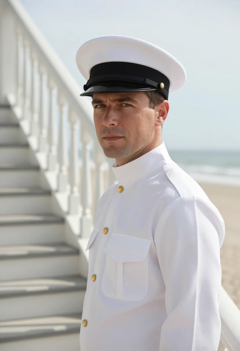 AI coronado naval officer dress whites sample — portrait of a man, of Western-European descent, in his early