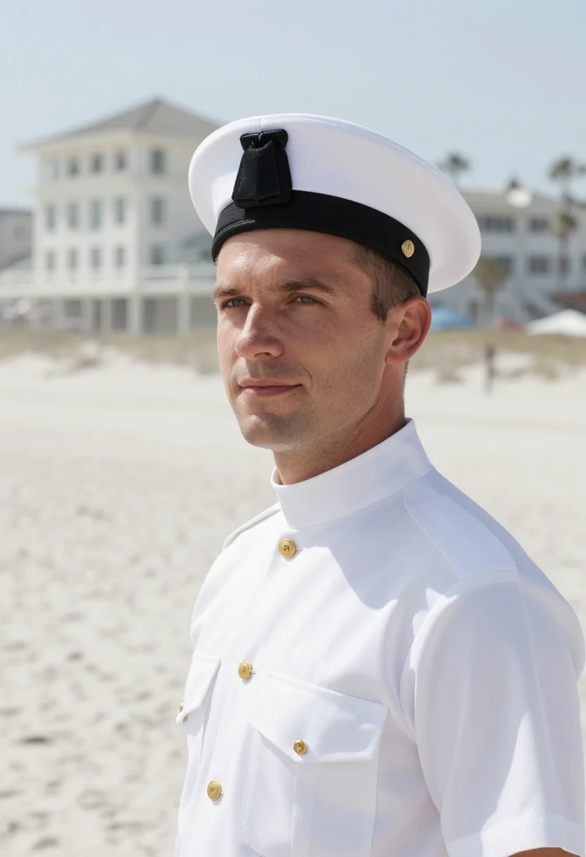AI coronado naval officer dress whites sample — portrait of a man, of Western-European descent, in his early